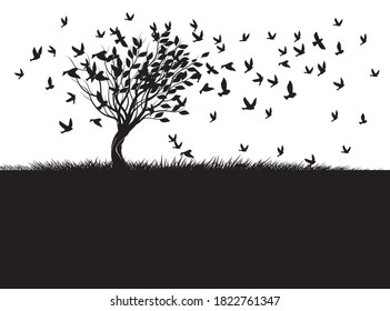Form von Bäumen, Wind und schwarzen Vögeln. Vektorgrafik-Skizze. Pflanzen Sie in Garden.
