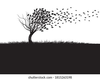 Shape of Tree, wind and falling autumn leaves. Vector outline Illustration. Plant in Garden.