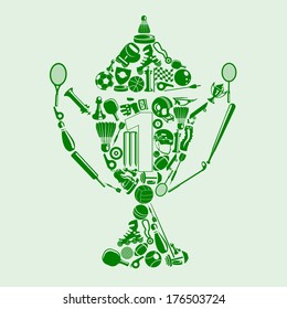 shape of trophy made of different sports icon