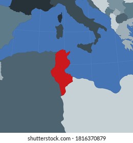 Shape of the Tunisia in context of neighbour countries. Country highlighted with red color on world map. Tunisia map template. Vector illustration.