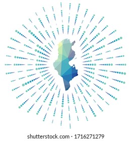 Shape of Tunisia, polygonal sunburst. Map of the country with colorful star rays. Tunisia illustration in digital, technology, internet, network style. Vector illustration.