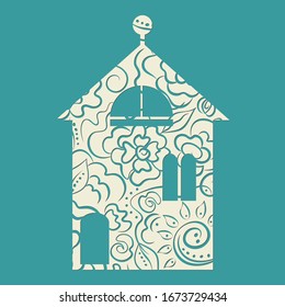 The Shape of two-storey house from a hand-drawn flower pattern.  Vector flat bungalow illustration minimalist style. EPS 10