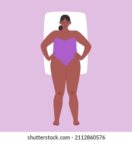 The shape type is a rectangle. Cartoon chubby girl wearing a purple strapless swimsuit. Vector stock illustration of an African American woman with wide shoulders isolated.