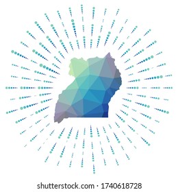 Shape of Uganda, polygonal sunburst. Map of the country with colorful star rays. Uganda illustration in digital, technology, internet, network style. Vector illustration.