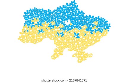 Forma de Ucrania llena de flores azules y amarillas. Paz y prosperidad. Obra de arte sobre el concepto de la libertad y la independencia de Ucrania.