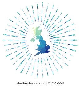 Shape of United Kingdom, polygonal sunburst. Map of the country with colorful star rays. United Kingdom illustration in digital, technology, internet, network style. Vector illustration.