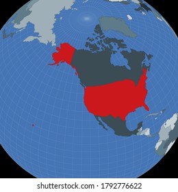 Forma de los Estados Unidos en el contexto de los países vecinos. País resaltado con color rojo en el mapa del mundo. Plantilla de mapa de EE. UU. Ilustración vectorial.