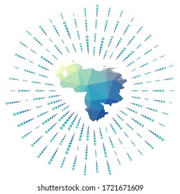 Forma de Venezuela, arrebato poligonal. Mapa del país con coloridos rayos de estrellas. Ilustración venezolana en digital, tecnología, internet, estilo de red. Ilustración vectorial.