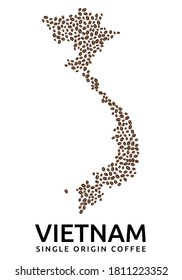 Forma del mapa de Vietnam hecho de granos de café dispersos, nombre de país abajo