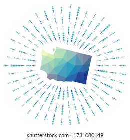 Shape of Washington, polygonal sunburst. Map of the US state with colorful star rays. Washington illustration in digital, technology, internet, network style. Vector illustration.