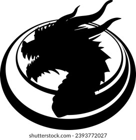 Shape of wooden dragon in ring - symbol of 2024. 
Vector illustration of a wooden dragon head with a neck in oval. Head with horns, teeth, mustache and horny scales.