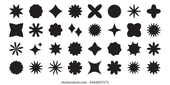 Shape y2k element, spark symbol, abstract retro star set, geometric flower, modern magic ray, light effect, graphic black sticker isolated on white background. Cartoon vector illustration