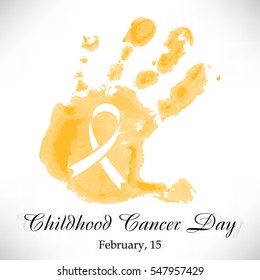 Shape of yellow watercolor child's hand with ribbon inside. Childhood Cancer day in February 15 isolated on white background. Vector illustration