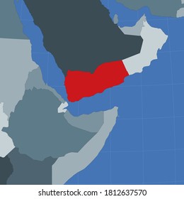 Shape of Yemen in context of neighbor countries. Country highlighted with red color on world map. Yemen map template. Vector illustration.