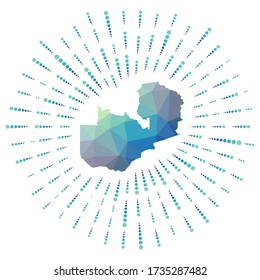 Shape of Zambia, polygonal sunburst. Map of the country with colorful star rays. Zambia illustration in digital, technology, internet, network style. Vector illustration.
