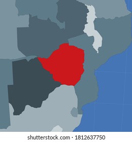 Forma del Zimbabue en el contexto de los países vecinos. País resaltado con color rojo en el mapa del mundo. Plantilla de mapa de Zimbabue. Ilustración vectorial.
