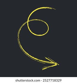 Seta em forma, desenhada à mão em lápis de cera amarelo brilhante. Elemento decorativo vetorial