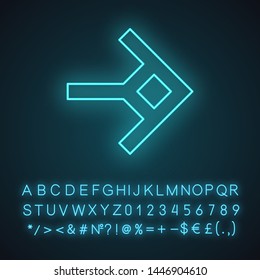 Shaped arrow neon light icon. Navigation arrowhead indicating rightward. Geometric pointer, indicator. Arrow motion. Glowing sign with alphabet, numbers and symbols. Vector isolated illustration