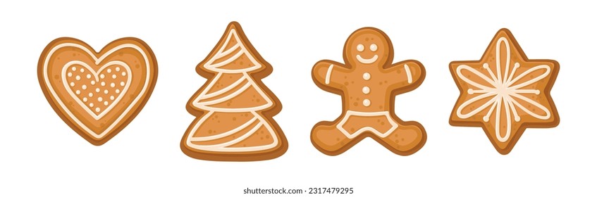 Shaped Baked Cookie and Merry Christmas Symbol Vector Set