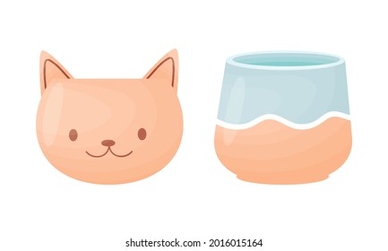 Shaped Ceramic or Clay Empty Pot for Decorative Flowers Vector Set