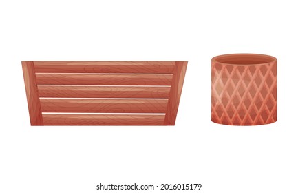 Shaped Ceramic or Clay Empty Pot and Wooden Crate for Decorative Flowers Vector Set