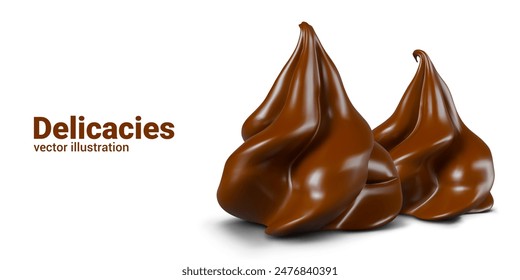 Shaped chocolates. Whipped sweet cocoa cream swirl. Aromatic delicacies on white background