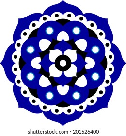 shaped flower mandala in blue, white and black