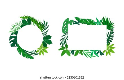 Shaped Frame with Green Leaves and Tropical Foliage Vector Set