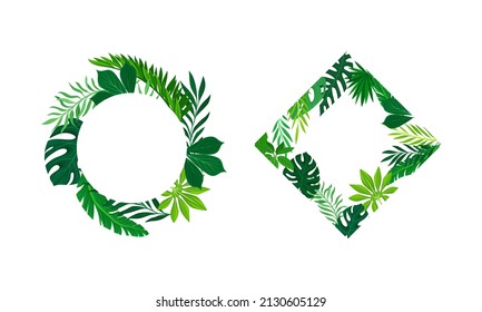 Shaped Frame with Green Leaves and Tropical Foliage Vector Set