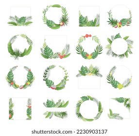 Shaped Frame with Green Tropical Leaves and Jungle Foliage Big Vector Set