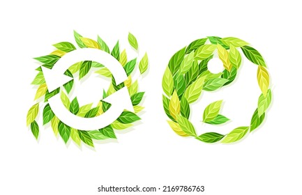 Shaped Green Leaf Arrangement in Yin Yang and Recycle Sign Vector Set