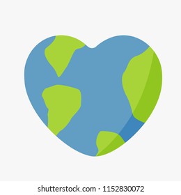 Shaped Heart Icon Flat Design. Globe Symbol Or Global Creative Logo For Peace & Charity. Save The Earth & World. Donation Isolated. Concept International Love. Energy Planet Vector. Tourism Cartoon 