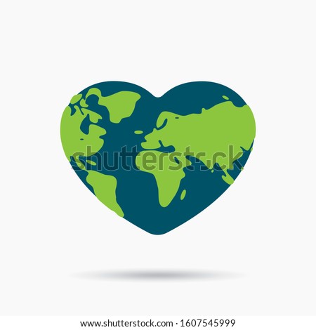 Shaped heart icon flat design of globe symbol or global creative logo for love. Save the earth & world. Concept international love. Vector cartoon illustration