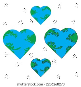 Shaped heart icons flat designs of globe symbols or global creative logos for love. Save the earth an world. Concept international love. Vector cartoon illustrations.