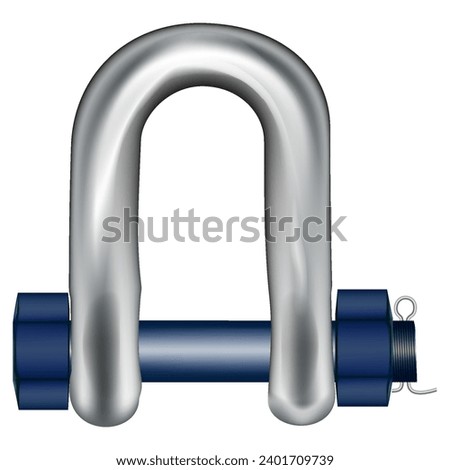 Shaped lifting shackle. That metal or steel with locking pin. Accessory or lifting equipment with breaking strength for winching, industrial crane rig