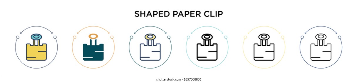 Shaped paper clip icon in filled, thin line, outline and stroke style. Vector illustration of two colored and black shaped paper clip vector icons designs can be used for mobile, ui, web