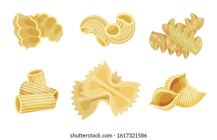 Shaped Pasta Vector Set. Uncooked Wheat Macaroni for Meal Preparation