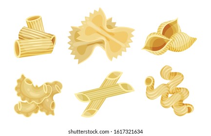 Shaped Pasta Vector Set. Uncooked Wheat Macaroni for Meal Preparation