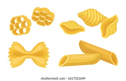 Shaped Pasta Vector Set. Uncooked Wheat Macaroni for Meal Preparation