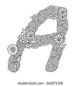 shaped pattern of capital letter A decorated with floral ornament. Coloring book page for adult