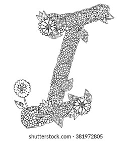 shaped pattern of capital letter I decorated with floral ornament. Coloring book page for adult