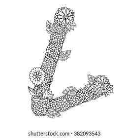 shaped pattern of capital letter L decorated with floral ornament. Coloring book page for adult