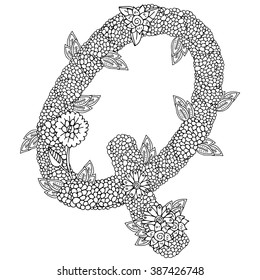 shaped pattern of capital letter Q decorated with floral ornament. Coloring book page for adult