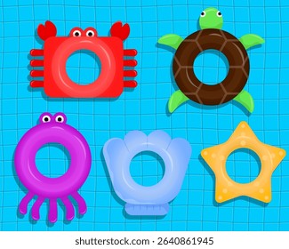 Shaped swimming floats inspired by sea creatures like crab, shell, turtle, starfish, and octopus. Designed for fun summer play.