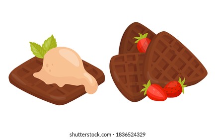 Waffeln mit strukturierter Oberfläche und Eiscreme auf oberem Vektorset