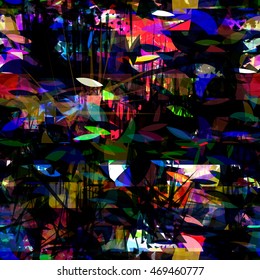 Shapeless spots like leaves, triangles, sharply angular elements, stains, stripes. Dark background, for fabric, covers, wrapping, home design. Overlay, transparent. Abstract seamless vector pattern