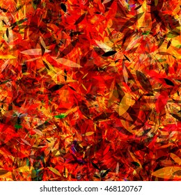 Shapeless spots, stylized leaves. Mixed randomly, overlay, transparency, predominance of red & yellow. Background for fabric, book covers, wrapping paper, home design. Abstract seamless vector pattern