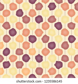 Shapeless spots of various round shapes. Abstract seamless pattern. Warm colors. Magenta, orange, yellow