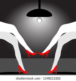 Shapely legs and an overhead light are featured in a minimalist show business illustration.