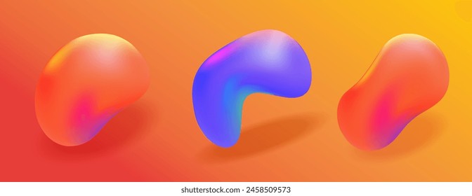 Shapes abstract 3d render bubbles fluid liquid modern element design vector graphic illustration set, gradient vivid colorful geometric blobs glossy with shadow image clipart